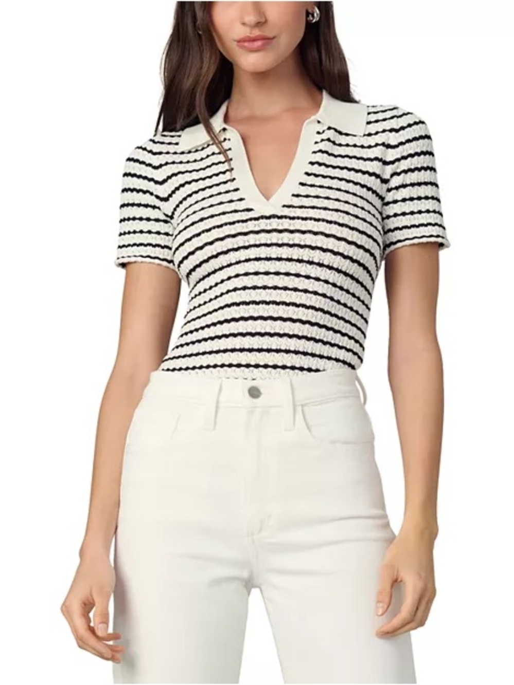 NWT Joe's Jeans Black & White Striped Pointelle Polo V‑Neck
